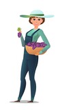 Woman villager farmer in overalls. Girl is an agricultural worker. Cheerful person. Standing pose. Cartoon comic style flat design. Single character. Illustration isolated on white background. Vector