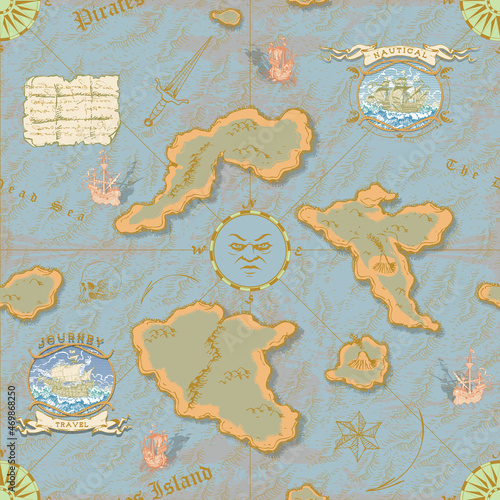 vector image of ancient nautical chart of sea routes of medieval ships