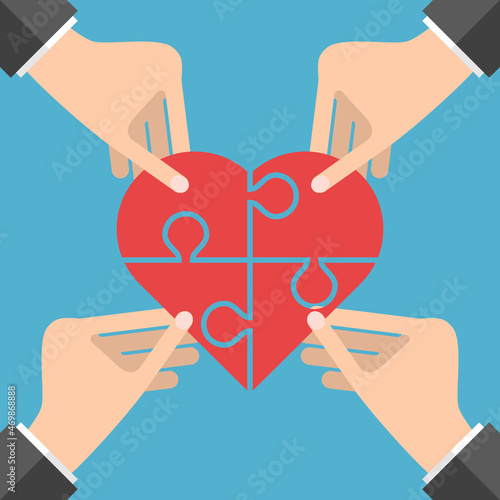 Four people connecting heart shaped puzzle. Love, community, support, care, help, charity, donation and health concept. Flat design. Vector illustration. EPS 8, no gradients, no transparency