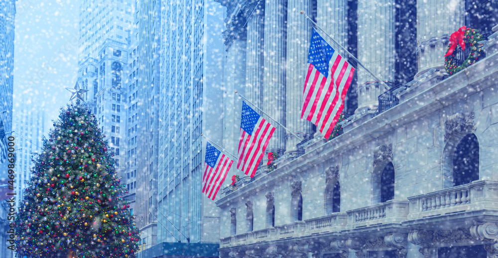 Famous Wall Street in New York City. Snow, winter. NYC, USA