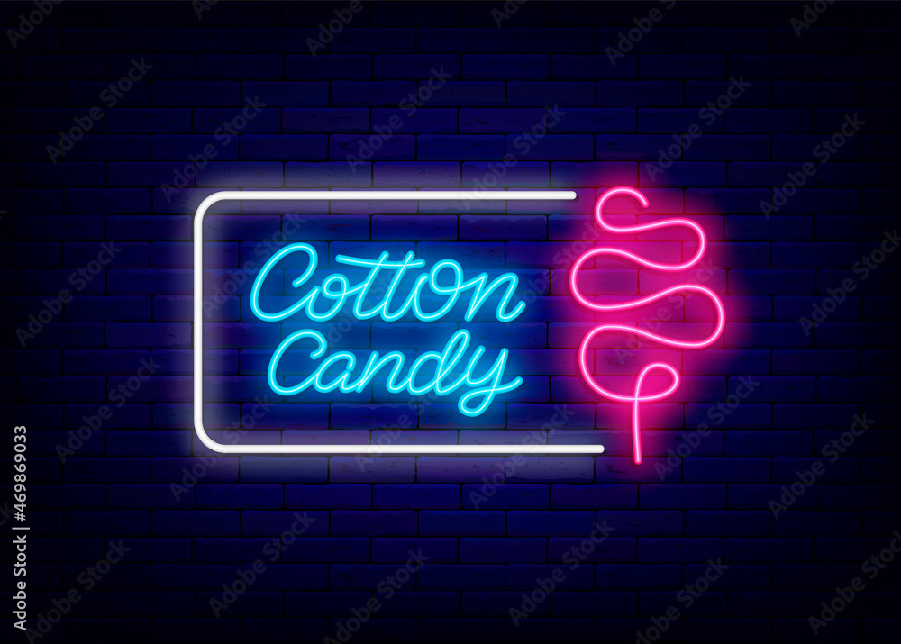 Cotton candy neon lettering sign with frame. Sweet shop logo. Cake ...