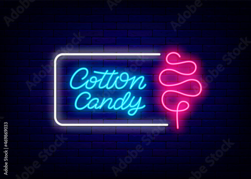 Cotton candy neon lettering sign with frame. Sweet shop logo. Cake store label. Isolated vector stock illustration