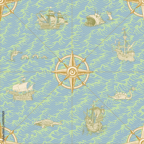vector image of ancient nautical chart of sea routes of medieval ships