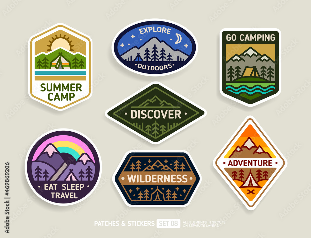 Summer Camp, Discover and Adventure Travel badge or Patch collection in vintage design. Hiking and climbing emblem set. Mountains and camping tent in forest flat line vector illustration