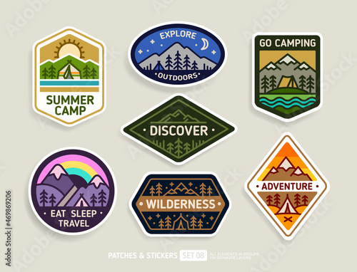 Summer Camp, Discover and Adventure Travel badge or Patch collection in vintage design. Hiking and climbing emblem set. Mountains and camping tent in forest flat line vector illustration