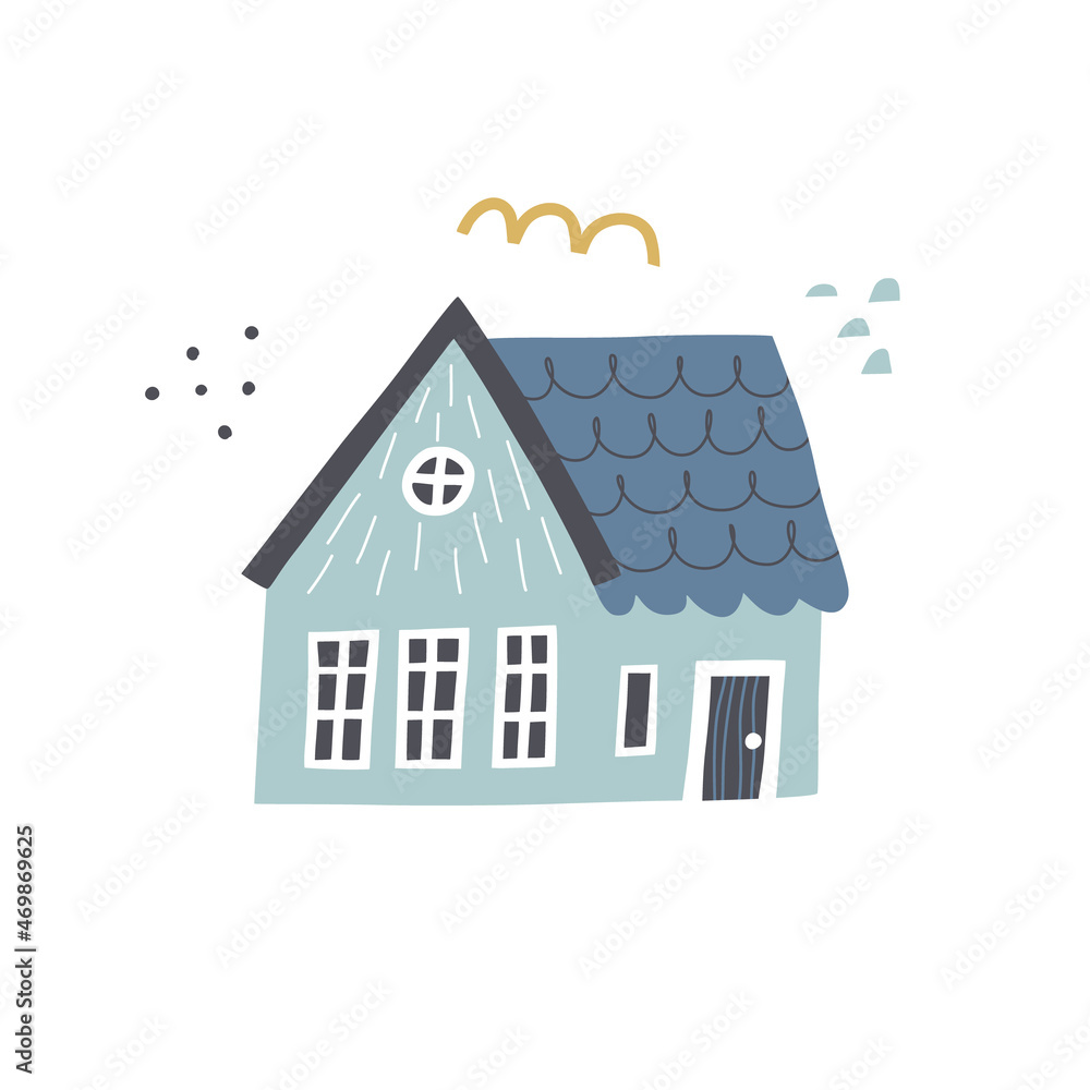Cozy house with abstract shapes in hand drawn style. Scandinavian style. Perfect for t-shirt, apparel, cards, poster, nursery decoration. Isolated on white background vector illustration Cozy house with abstract shapes in hand drawn style. Scandinavian style. Perfect for t-shirt, apparel, cards, poster, nursery decoration. Isolated on white background vector illustration