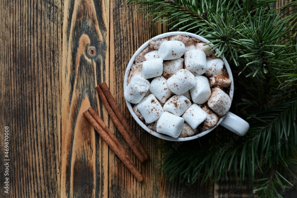 Cup of hot chocolate or cocoa with marshmallows. Cozy winter holidays and Christmas Cup of hot chocolate or cocoa with marshmallows. Cozy winter holidays and Christmas