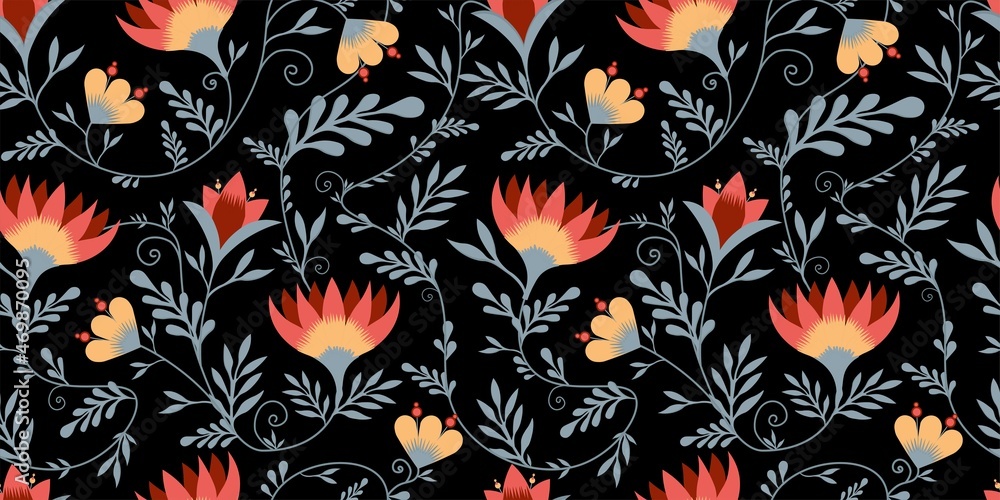abstract floral pattern. Chrysanthemums pattern for textiles and fabrics. Pink and cherry colors. Black background.Vector illustration Japanese flowers.Petrikov painting abstract floral pattern. Chrysanthemums pattern for textiles and fabrics. Pink and cherry colors. Black background.Vector illustration Japanese flowers.Petrikov painting