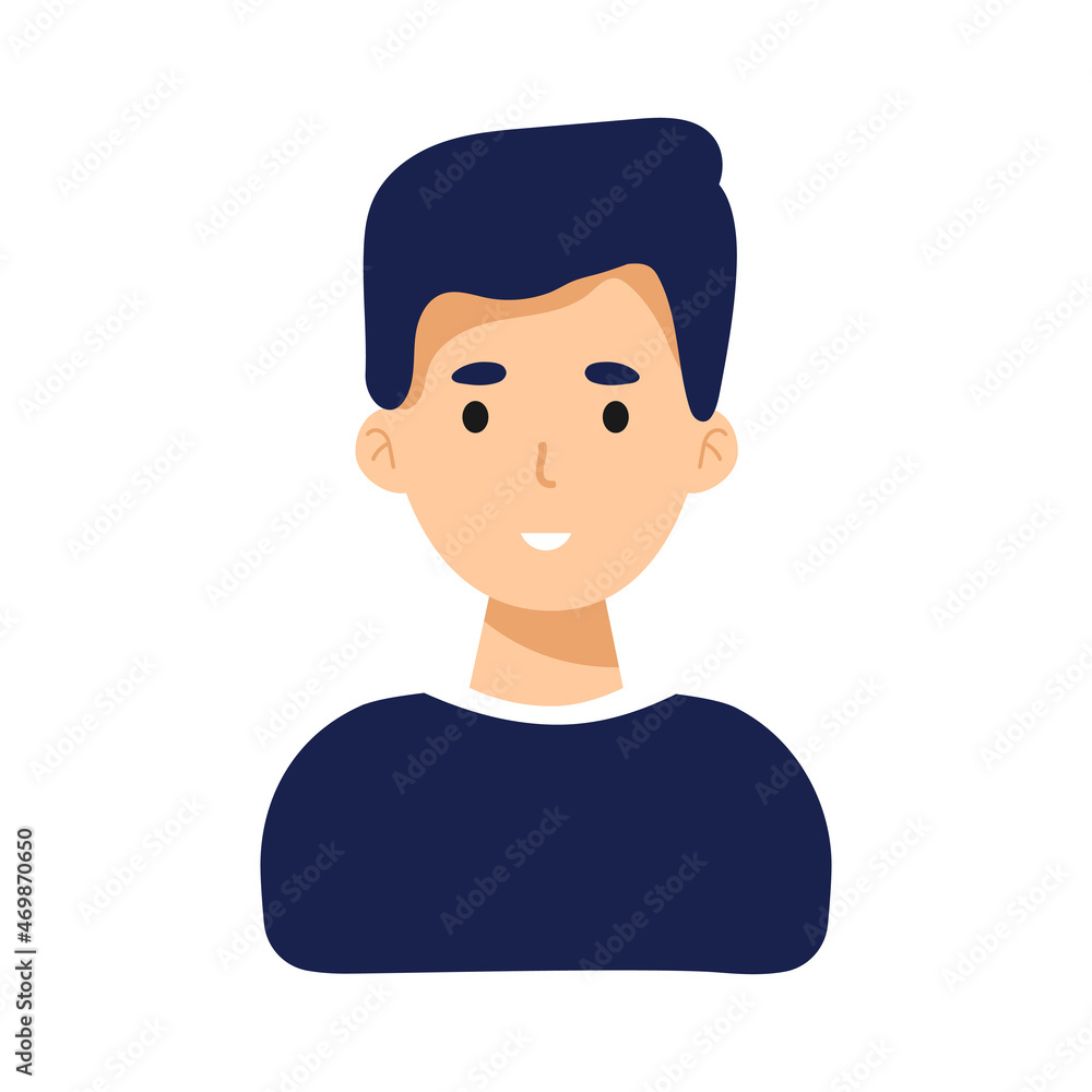 Man face emotive icon. Smiling male character in blue shirt flat vector illustration isolated on white. Happy human psychological portrait. Positive emotions user avatar. For app, web design Man face emotive icon. Smiling male character in blue shirt flat vector illustration isolated on white. Happy human psychological portrait. Positive emotions user avatar. For app, web design