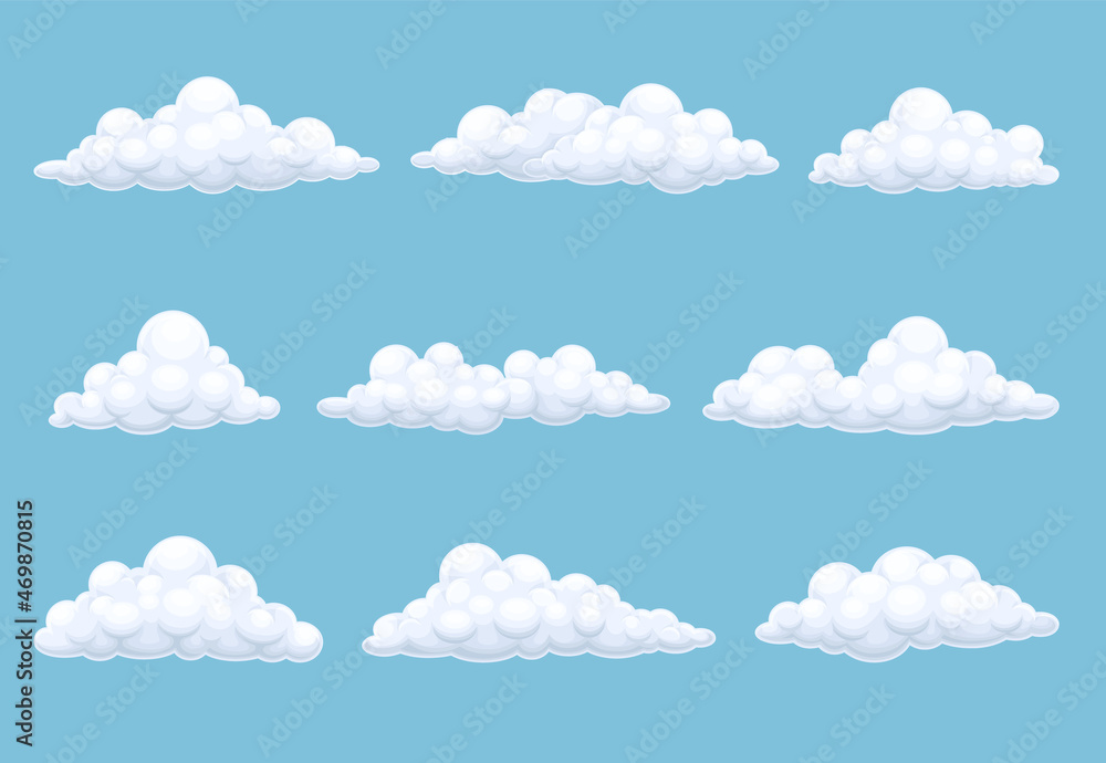 Blue sky with white clouds. Set of fluffy clouds cartoon vector illustration Blue sky with white clouds. Set of fluffy clouds cartoon vector illustration