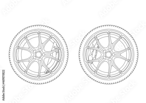 Vector image of wheels with discs and calipers (rear and front wheels)