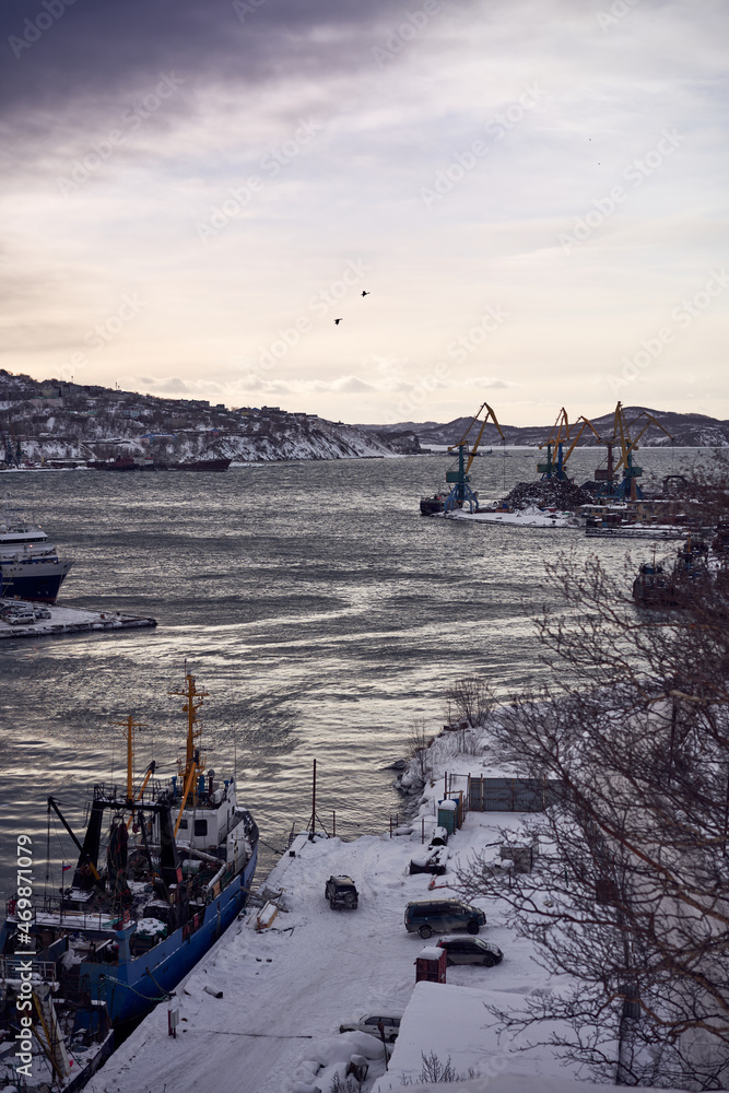 Petropavlovsk Kamchatsky city in the winter. View from the bay