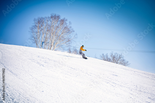 Snowboarder riding down the hill in front of blue sky