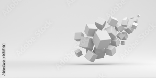 Abstraction from white cubes flying on a white background. 3d render illustration.