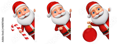 Character Santa Claus is holding a toy. Santa Claus character is holding candy. Santa Claus character points his finger at a blank board. New Year's set. 3d render.