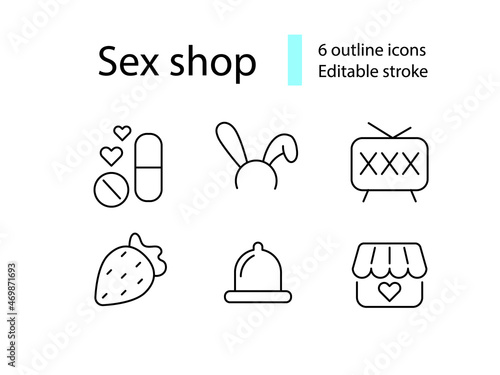 Sex shop outline icons set. Pills for potency and pheromones. Rabbit ears headband. Isolated vector stock illustration