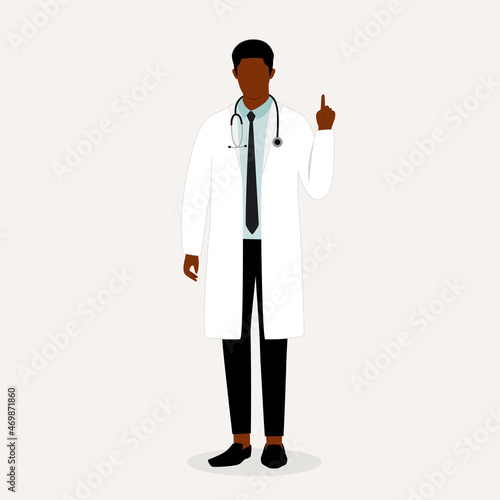 Black Male Doctor With Lab Coat And Stethoscope Pointing Up His Finger. Healthcare Occupation.