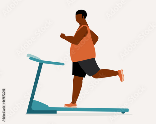 Side View Of A Black Overweight Man Running On A Treadmill.