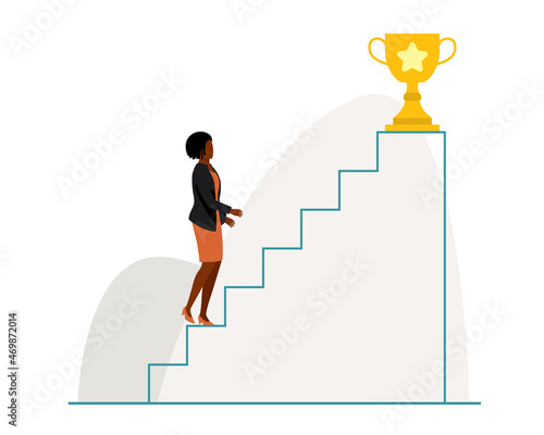 Black Woman In Leadership And Success Concept. Young Black Businesswoman Walking Up The Stairway To Reach The Trophy.
