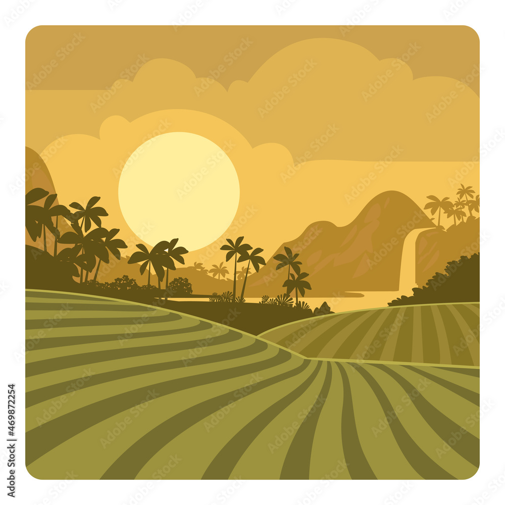 Fields on hills and plantations in tropical valley mountains vector landscape in vintage style. Columbia summer landscape with waterfall and sunset background
