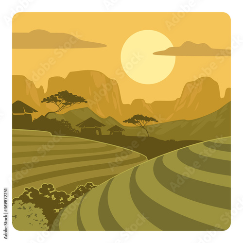 Ethiopia fields on hills and plantations in tropical valley mountains landscape vintage vector illustration.  Summer landscape with huts silhouette and sunset background