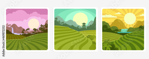 Fields on hills and plantations in tropical valley of mountains vector background. Rainforest with waterfall and sunset background. Fields of tea or coffee Columbia, Brazil, Vietnam Summer landscape