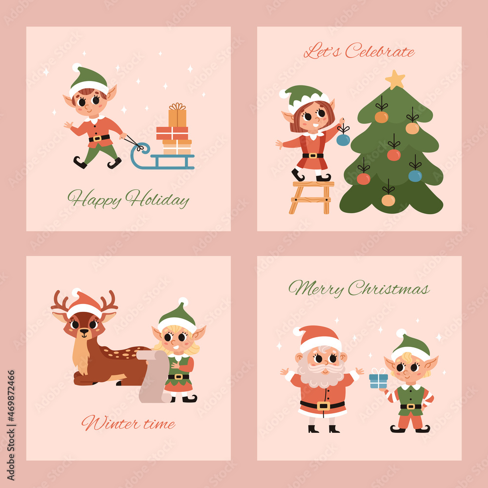Christmas elves with Santa and deer. Winter Greeting card. Santa Claus helper. Cute vector character. Festive elf on pink background.