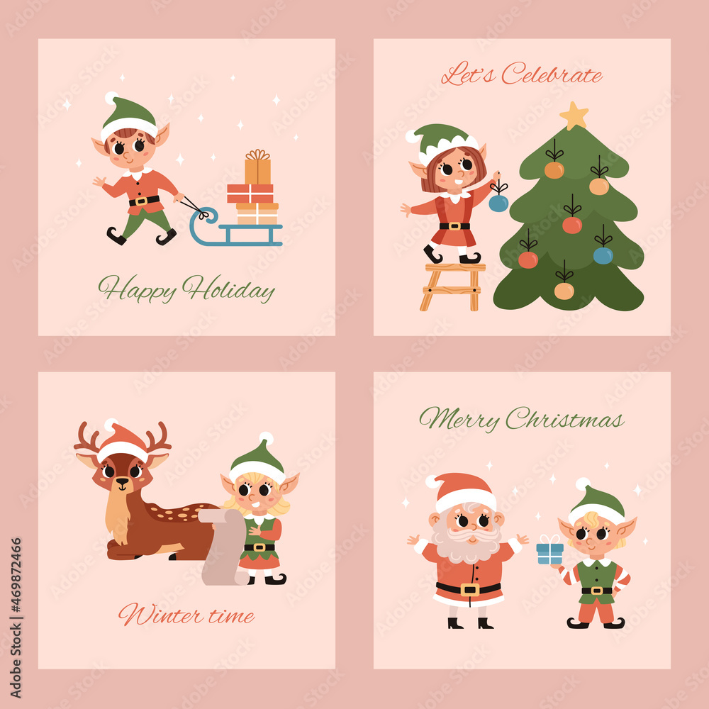 Christmas elves with Santa and deer. Winter Greeting card. Santa Claus helper. Cute vector character. Festive elf on pink background. Christmas elves with Santa and deer. Winter Greeting card. Santa Claus helper. Cute vector character. Festive elf on pink background.