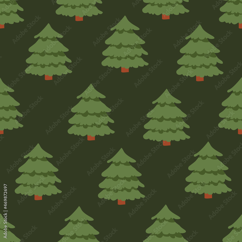 Tree landscape. Vector seamless pattern with green spruces. Northern forest. Hand drawn illustration.