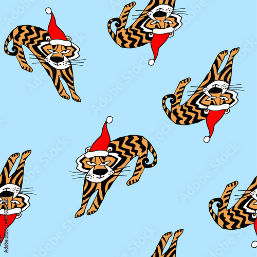 Holiday seamless pattern with Christmas symbol 2022 tiger in cap isolated on light blue. Animal of Chinese New Year. Sticker, printing, clip art, package, postcard, poster.
