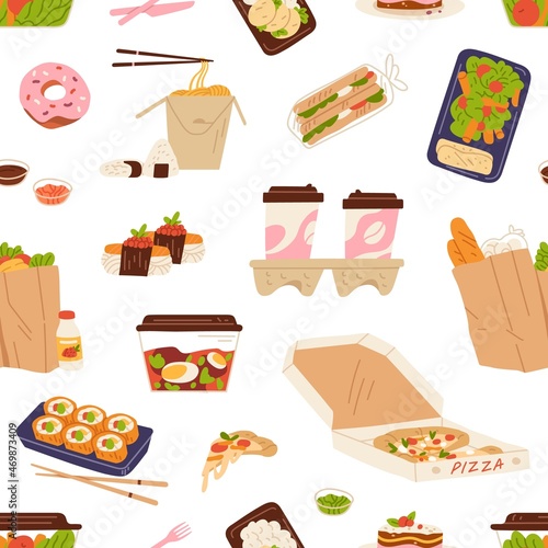 Takeaway food and drink pattern. Seamless background with pizza, sushi, lunch...
