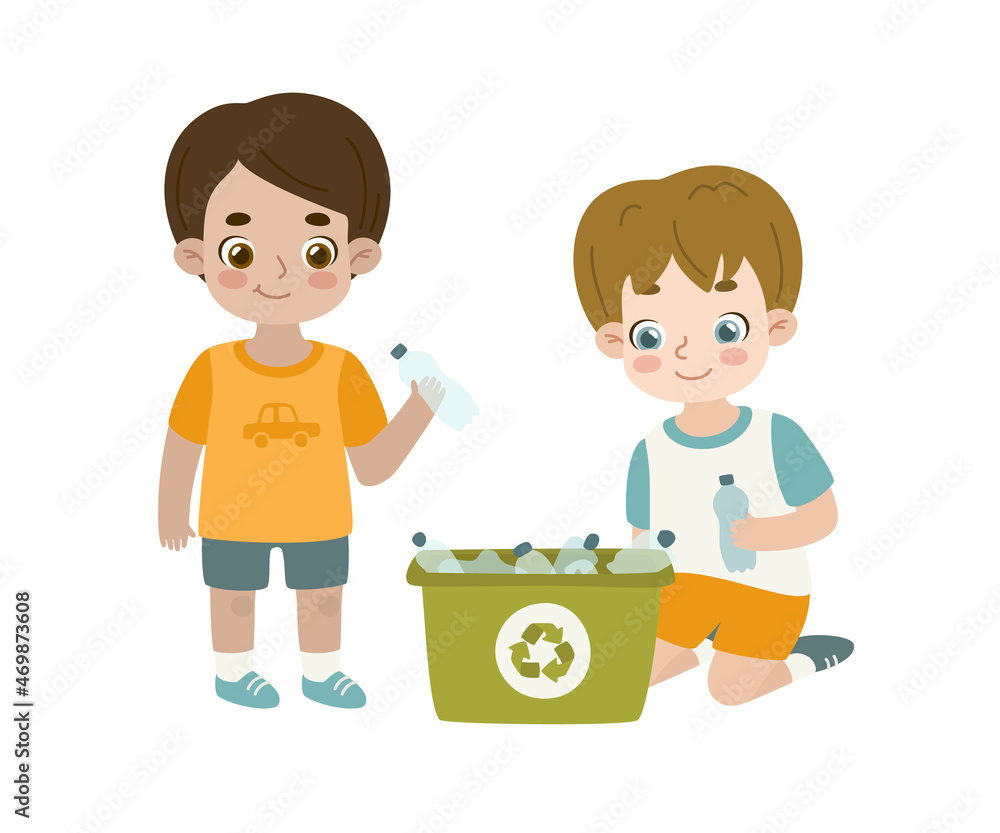 Two boys collect plastic waste in container. Cartoon kids throw bottles into a box for recycling. Two boys collect plastic waste in container. Cartoon kids throw bottles into a box for recycling.