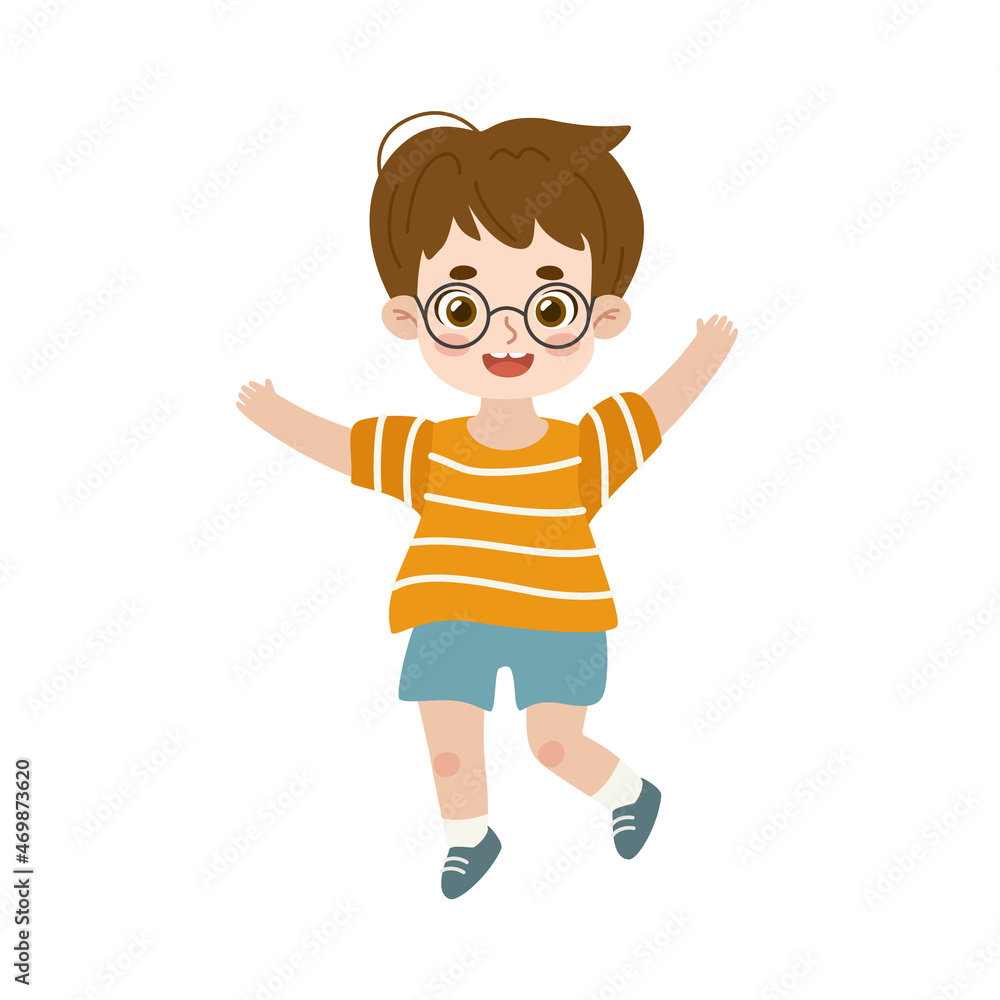 Active boy jumping. Cartoon happy kid dancing. Adorable child having fun.
