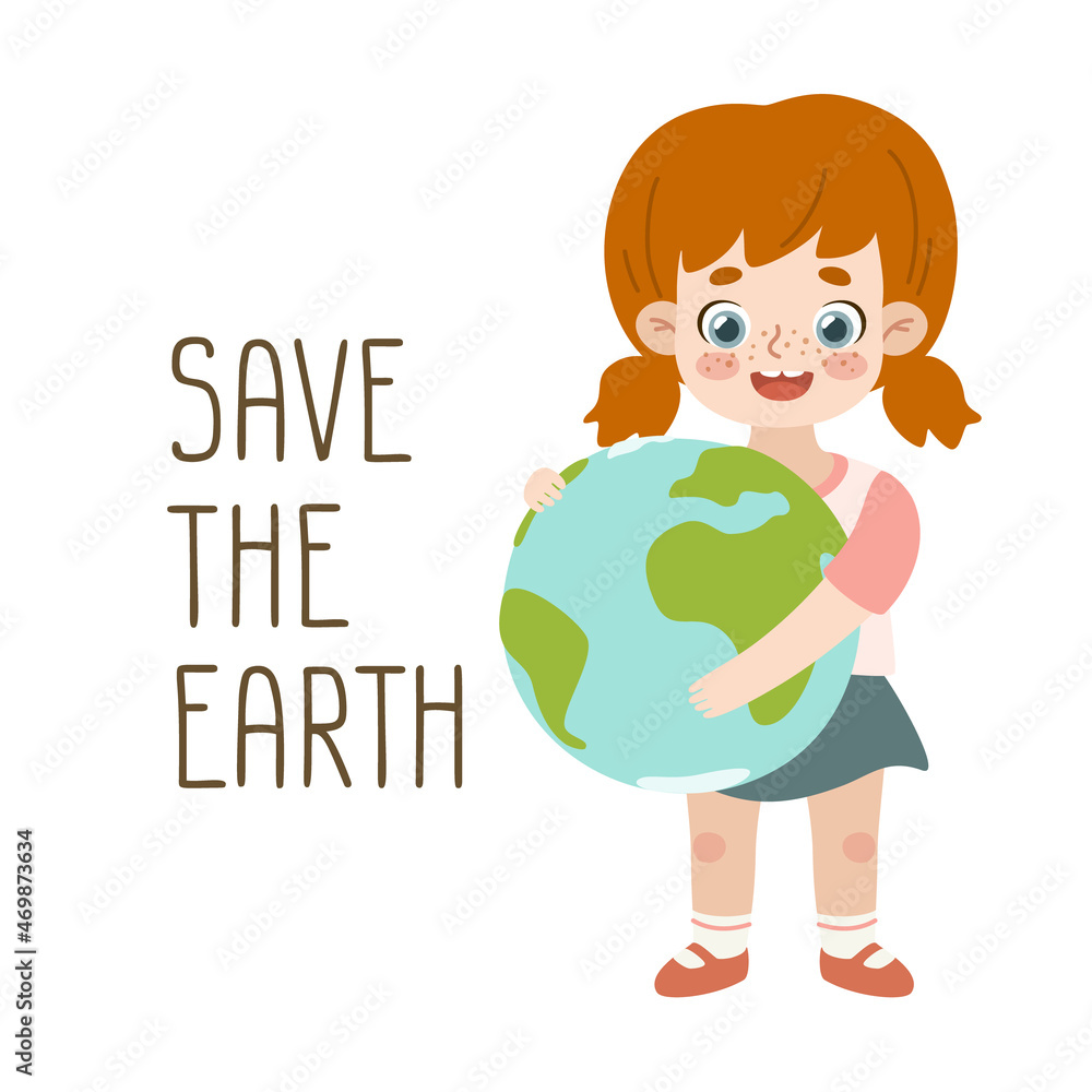 Friendly girl hold the earth planet. Cartoon child with red hair standing and hugging peace. Friendly girl hold the earth planet. Cartoon child with red hair standing and hugging peace.