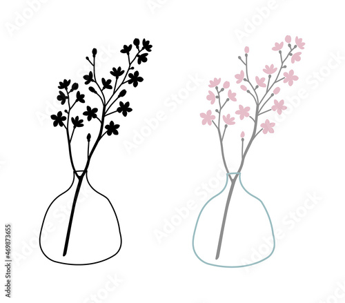 Vector color handdrawn illustration with cherry blossom early spring flowers in vase isolated on white background. Black silhouette of a blossoming tree branch