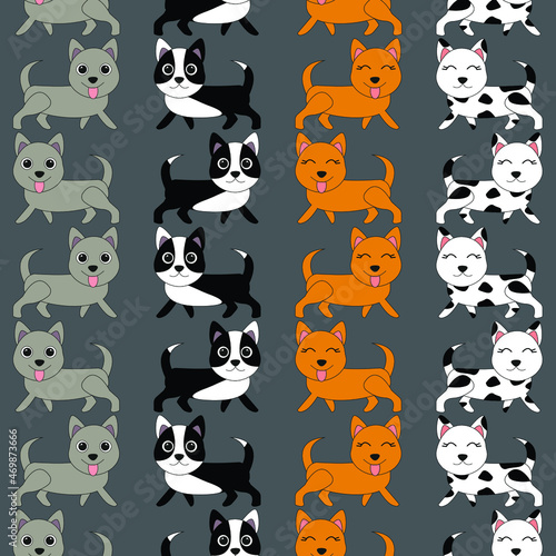 Pattern with painted colorful dogs. Can be used for wallpaper, textiles, packaging, cards, covers. Small cute animal on a gray background.