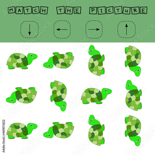 Match the pictures of animal  turtles and directions up  down  left and right . Printable worksheet. Flashcards for education.