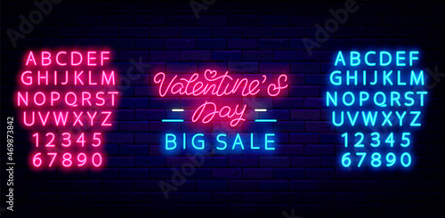 Valentines Day Big Sale neon sign with alphabet. Light advertising. Discount signboard for shop. Vector illustration
