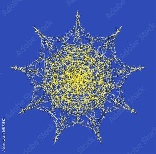 Vector Solar mandala of thin graceful interweaving of radiant gilded threads on a deep blue background. Promotes the restoration of internal emotional balance, replenishment of internal energy.