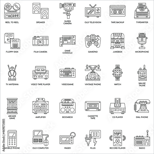 Outline Retro Technology  flat vector icon collection set