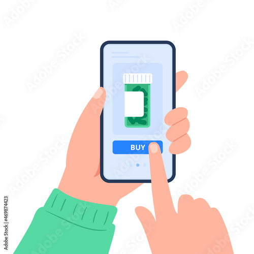 Human hands hold a smartphone and order. Medical treatment. Online pharmacy, delivery drugs, prescription medicines order. Vector flat illustration isolated on white background.