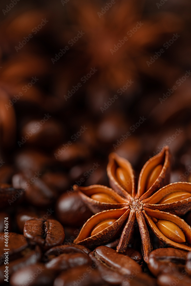 Anise star on roasted coffee beans background. Macro shot, copy space
