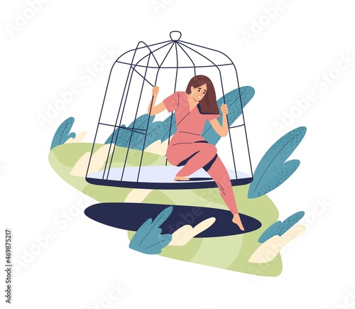Person open cage, overcome fear and doubt, escape comfort zone. Psychological concept of freedom and risk. Woman become free, get rid of phobia. Flat vector illustration isolated on white background photo