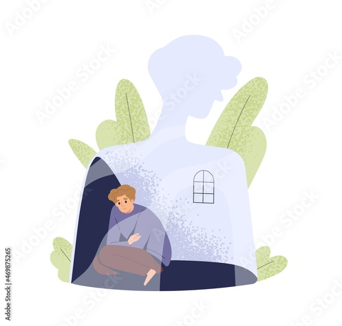 Depression and loneliness concept. Sad person trapped by his fears, complexes and mental problems. Unhappy depressed man in grief and despair. Flat vector illustration isolated on white background photo