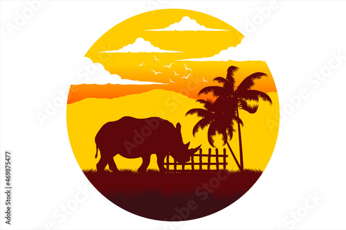 Rhinoceros. Silhouette of sunset in safari landscape