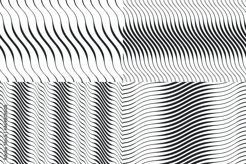 Set of abstract seamless pattern background with waves. Black curve lines. Wavy illustration. 