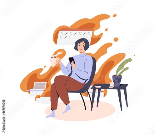 Lazy person procrastinate, postpone businesses, breake deadlines. Procrastination concept. Careless idle unproductive woman indifferent to work. Flat vector illustration isolated on white background