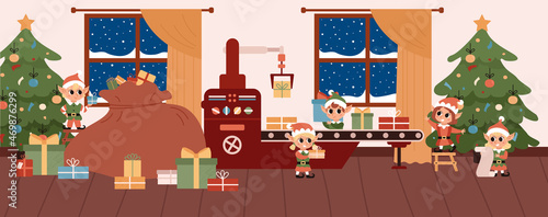 Christmas elves. Santa Claus helper. Elves work on the conveyor belt, make gifts. Factory for the production of gifts at the North Pole.