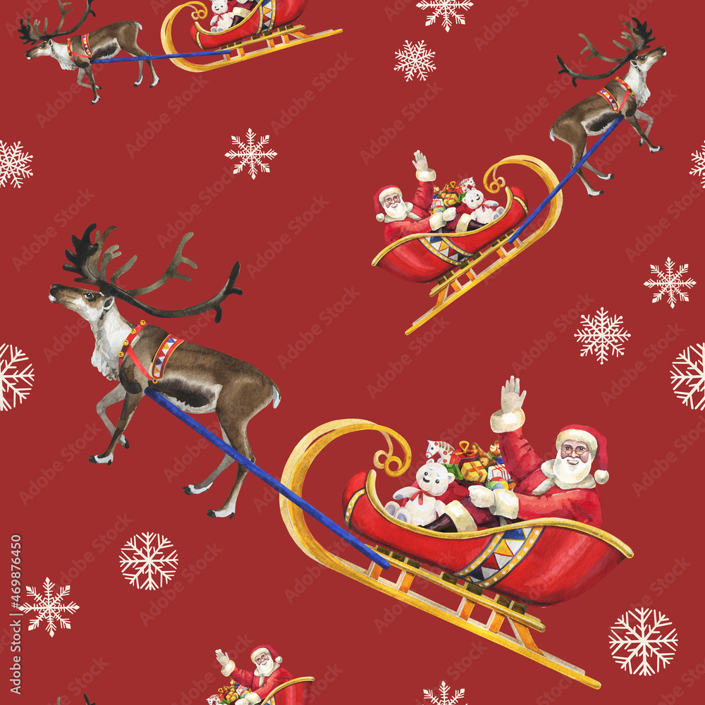Fototapeta premium Watercolor christmas seamless pattern of santa claus on sleigh
