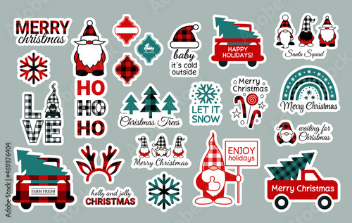 Christmas sticker bundle. New Year planner stickers. Buffalo plaid snowflakes. Christmas gnomes. Santa Claus squad. Arabesque tile ornament. Red truck Christmas trees. Boho rainbow. Reindeer antlers
